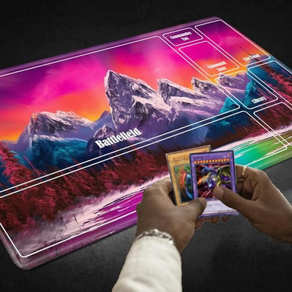 Board Game Mat TCG Playmat Plus 50 Pcs Card Sleeves, 24 x 14 inches Table Mats Games Mousepad with Zones Smooth Surface for MTG RPG CCG Trading Card Game Play Mats, Art Mountain Lake - color: Art Mountain Lake, size: Zone 1