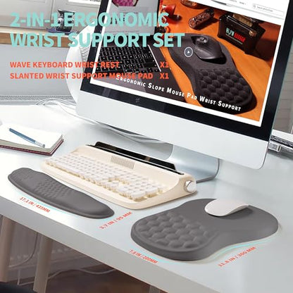 2-in-1 Ergonomic Set, Wave Rise Keyboard Wrist Rest and Massage Bulge Slope Mouse Pad Wrist Support, Cushion Memory Foam Integrated to Relieve Wrist Pain, Deep Gray - color: Deep Gray