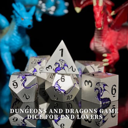 Metal Dice Set,7-Piece Dragon Dice for DND and RPGs,Silver Purple | Heavy zinc alloy polyhedral dragon dice with easy-to-read numbers and a magnetic gift box for fantasy tabletop RPG games. - color: Matte Silver With Purple