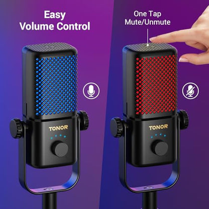 TONOR Gaming Mic Compatible with Xbox, RGB Streaming Boom Mic with 30H Battery Life, Low Noise, Monitoring, Gain Control, One Tap Mute, Fast Charging, Compatible with Capture Card TCX3+ Black - color: Black, style: Modern