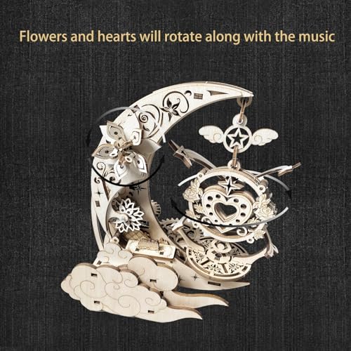 Wooden 3D Puzzle for Adults Mechanical Music Box Model Kits Wood DIY Crafts Kit Jigsaw Puzzle for Age 14+ Years Old - style: moon