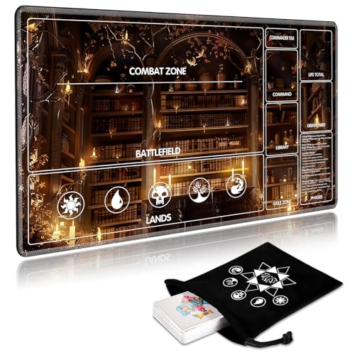 for MTG Playmat with Card Storage Bag,Non-Slip Rubber Base & Smooth Surface 24x14in,Beginner-Friendly Magic Mat for Commander Deck,Library Bookshelf - color: Library Bookshelf, size: 24 X 14 in