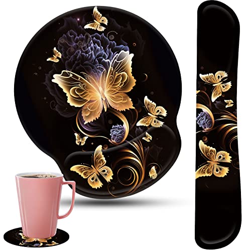 Keyboard Wrist Rest and Mouse Pad Wrist Support Set with Coffee Coaster, Non-Slip PU Base for Gaming and Office, Comfortable & Lightweight for Easy Typing & Pain Relief,Gold Butterfly - color: Gold Butterfly, size: 3 PCS