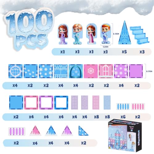 GobiDex 100PCS Magnetic Tiles Princess Castle Building Set with 4 Dolls | Princess Magnetic Blocks Building Toys for Kids Ages 4-8, Colorful Magnetic STEM Toys, 3 4 5 6 Year Old Girl Birthday Gifts