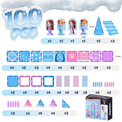 GobiDex 100PCS Magnetic Tiles Princess Castle Building Set with 4 Dolls | Princess Magnetic Blocks Building Toys for Kids Ages 4-8, Colorful Magnetic STEM Toys, 3 4 5 6 Year Old Girl Birthday Gifts