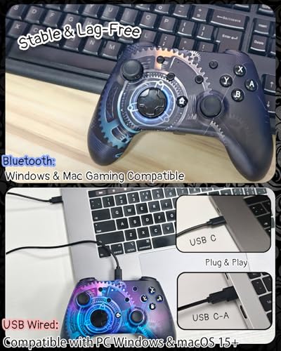 Wzuicov Multi-Platform Game Controller with RGB & Dual-Mode Bluetooth & Wired Connection, Wireless Gamepad for Switch/Switch 2/iOS/Android/PC/TV Box/Tesla, Includes 2 USB-C Cables & Adapter - color: Black&Blue