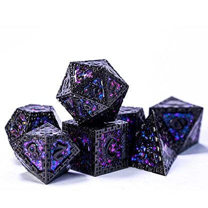 UDIXI Metal DND Dice Set Polyhedral Metal Dice Set for D&D (Purple Sequins) | 7-Pieces, Dragon Carved, Chain-edge Design, Metal Gift Box, DM Gift, for Dungeons and Dragons Role Playing Games - color: Chain Frame-black With Purple Sequins