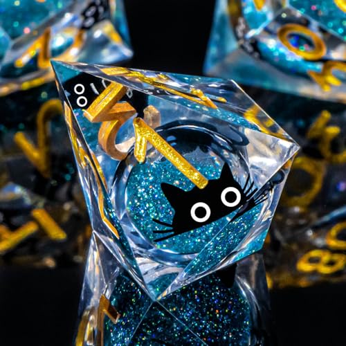 Roycevon Resin DND Dice Set with Gift Box, 7Pcs Liquid Core Cat D&D Dice, Cute Dungeons Dragons D and D Dice, Sharp Edge Role Playing Game Dice D20 D12 D10 D8 D6 D4, Blue Gold - color: Blue Gold