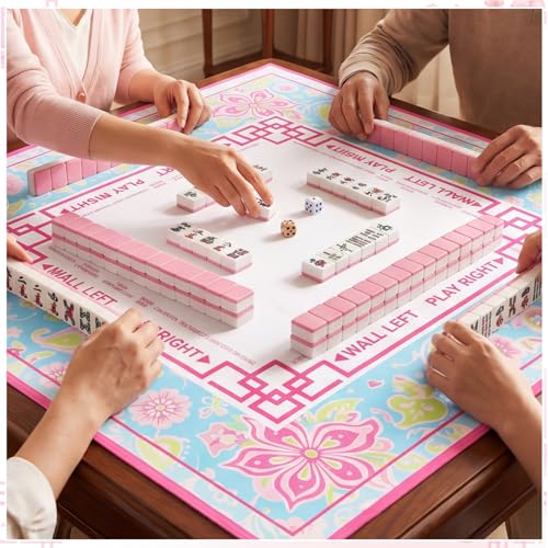 Pink Floral Mahjong Mat with Rules 31.5" x 31.5" Non-Slip Noise Reduction Gaming Mat with Carrying Bag American Mahjong Table Cover for Poker Board Card Games Dominoes - style: Pink and Green
