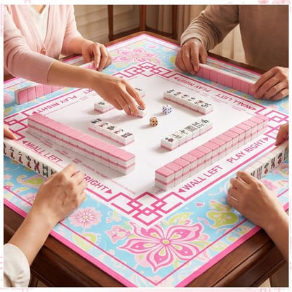 Pink Floral Mahjong Mat with Rules 31.5" x 31.5" Non-Slip Noise Reduction Gaming Mat with Carrying Bag American Mahjong Table Cover for Poker Board Card Games Dominoes - style: Pink and Green