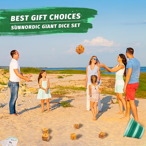 SunNordic Giant Dice Yard Game – 6 Large Wooden Outdoor Dice Set with Scoreboard & Portable Collapsible Bucket – Classic Backyard Lawn Game for Adults, Kids & Family