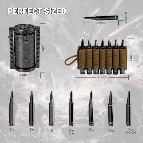 CZYY Rifle Bullet Dice Set, Metal 7 Polyhedral Dice Set for Tabletop Games | D4 to D20 & D%, Spinning Cylinder-Style Case, Cartridge Holder Belt, Gift for RPG Players & Collectors, Black - color: Black