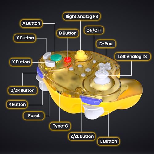 2.4 GHz Wireless GameCube Controller for Switch 1 & 2, NGC, Clear Yellow | (Built-in Vibration) (Rechargeable) (Analog Triggers / Stick) Compatible with Switch Online, Windows PC, macOS - color: Switch & NGC Receiver Transparent Yellow
