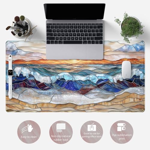 Mountain Sunrise Gaming Mouse Pad Large Desk Mat Extended Mouse and Keyboard Pad, Faux Stained Glass Nature Mousepad with Stitched Edge Mouse Desk Pad Computer Mat Soft Aesthetic Decor 31.5 X 15.7 in - color: D-enamel Beach