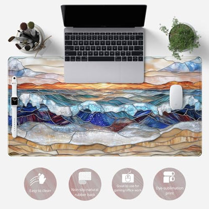 Mountain Sunrise Gaming Mouse Pad Large Desk Mat Extended Mouse and Keyboard Pad, Faux Stained Glass Nature Mousepad with Stitched Edge Mouse Desk Pad Computer Mat Soft Aesthetic Decor 31.5 X 15.7 in - color: D-enamel Beach