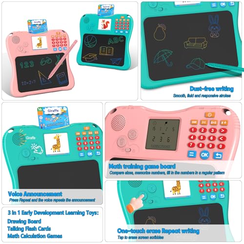 SPG300 Three-in-One Children's Learning Machine with Pen Oral Arithmetic Practice Memory Card Training Drawing Board Function 130 Memory Cards 2.4" LCD Screen Portable Educational Toy for Kids（Pink）