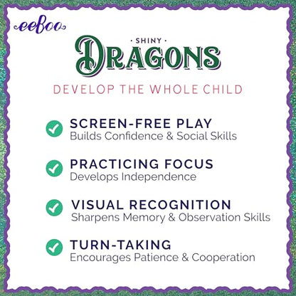 eeBoo Shiny Dragons Memory & Matching Game, Ages 3+, 1-4 Players | Introduces mythical dragons. Sharpens recognition, concentration & memory skills. Includes 48 foil tiles, 24 pairs - style: Shiny Dragons