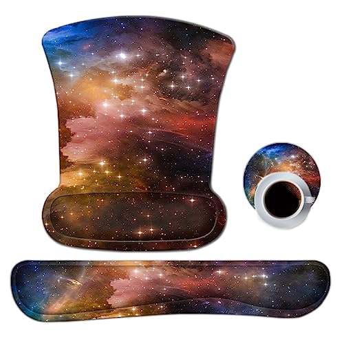 AIMSA Wrist Rest Support Mouse Pad Ergonomic, Memory Foam Keyboard Wrist Rest Set Non-Slip Easy Typing and Relieve Wrist Pain Mouse Mat for Computer Office -Colorful Galaxy Nebula - color: Colorful Galaxy Nebula