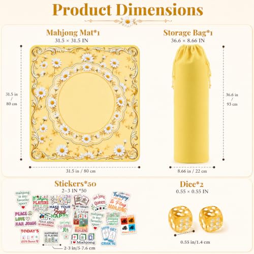Yellow Mahjong Mat for Table & 50PCS Stickers| Carrying Bag, Heavy Floral Mahjong Mats&2 Dices, Noise Reduction Non Slip Foldable, 31.5x31.5 Game Table Cover, for Playing Card, Board Tile Games - color: Yellow