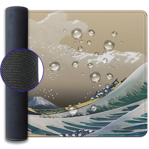 Japanese Wave Large Gaming Mouse Pad Desk Pad, 27.5x11.8in The Great Wave Off Kanagawa Extended Desk Mat with Stitched Edges, Non-Slip Waterproof Rubber Base for Office, Computer & Laptop - color: Waves