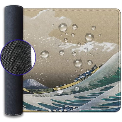 Japanese Wave Large Gaming Mouse Pad Desk Pad, 27.5x11.8in The Great Wave Off Kanagawa Extended Desk Mat with Stitched Edges, Non-Slip Waterproof Rubber Base for Office, Computer & Laptop - color: Waves