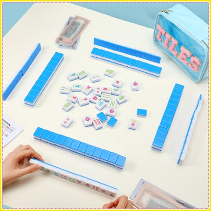 Soulchen American Mahjong Tiles Accessories Set 160 Pieces 1.2 Inches Carving American Mahjong Tiles Game Set with Blue Waterproof PVC Clear Zippered Storage Holder Bag for Game Lover Gift - color: Light Blue, style: Lanterns