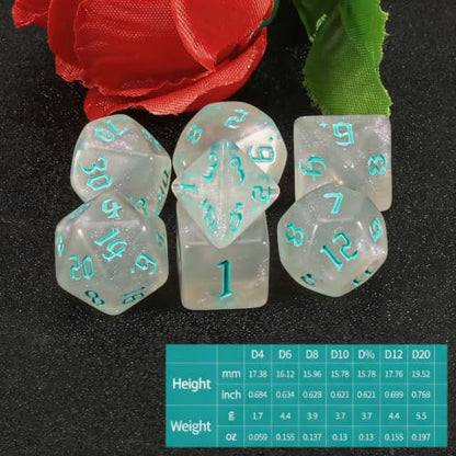 QMAY DND Dice Set -D&D Polyhedral Dice (7 Pcs) for Dungeons and Dragons (Transparent White Glitter) - color: Transparent White Glitter