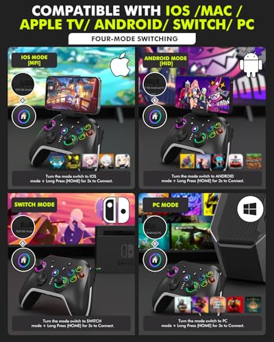 Bluetooth Controller Compatible with iPhone MFI/Android HID/Switch/Apple Arcade Games/Mac/Laptop/Steam Wireless Game Controller, Wired PC Control with Phone Clip RGB Lightning Turbo Vibration 6-Axis Gyro - color: Black-02