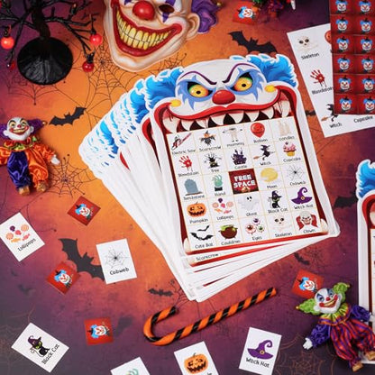 Blosssound Halloween Clown Bingo Game – 24 Players Bingo Cards with Call Card & Marker Sheets – Spooky Halloween Party Games, Classroom Activities, Fall Carnival Prizes, Trick or Treat Fun - style: Halloween Clown