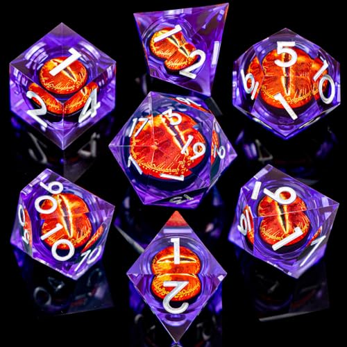 ARUOHHA DND Resin Dice Gazes Eye Dice Silver Purple Liquid Core Flaming RPG Sharp Edged Dice Set with Gift Box, Polyhedral D and D Dice Set Compatible with Dungeons Dragons Role Playing Game D20 D6 - color: Sl01-purple Silver