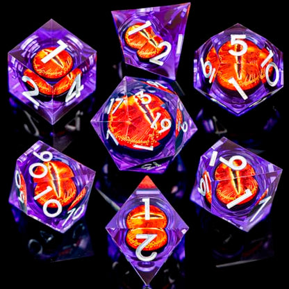 ARUOHHA DND Resin Dice Gazes Eye Dice Silver Purple Liquid Core Flaming RPG Sharp Edged Dice Set with Gift Box, Polyhedral D and D Dice Set Compatible with Dungeons Dragons Role Playing Game D20 D6 - color: Sl01-purple Silver