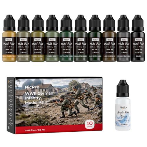Nicpro 10 Colors WWII German Infantry Model Paint Set, 20ml Acrylic Military Figure Paints, Brush & Airbrush Miniature Paint Kit for Soldiers, Uniforms, Crews, Gear, Weapons & Dioramas with 1 Thinner - style: WWII German Infantry