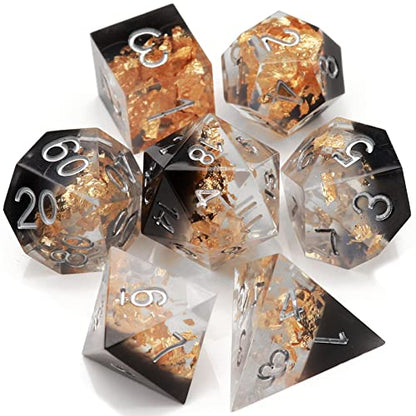 Haxtec DND Dice Set Black Sharp Edge Resin Dice Gold Flakes with Dice Case Black White Gold D&D Dice for RPG Role Playing Games Compatible with Dungeons and Dragons Gift War Series - color: Black Gold