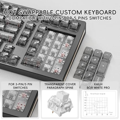 kutethy KY98 Wireless Mechanical Keyboard with Transparent Keycaps,Full Aluminum CNC,Hot-swappable,Pre-lubed Clicky Switches,Gasket Structure,RGB Backlit,BT5.0/2.4G/USB-C Wired (Black) - color: Black