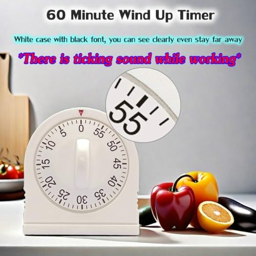 60 Minute Wind Up Timer, Visual Mechanical Timer with Loud Alarm, Manual Countdown Timers for Classroom, Home, Study and Cooking (White) - color: White