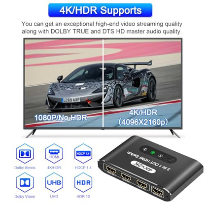 HDMI Switch 3 in 1 Out, 4K@60Hz HDMI Selector with Remote Control, 3 Ports HDMI Switcher, Perfect for Full HD 4K 1080P 3D Video Roku Fire TV Blu-ray Players Stick Apple PS4/PS5 Xbox Chromecast (black) - color: Black