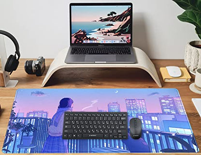 Purple Anime Kawaii Desk Mat Mousepad Cute Cat XXL Large Gaming Japanese Girly Aesthetic Mouse Pad Tokyo Street Desk Mat 31.5x15.75 in, Girl Gamer Desktop Mat Computer Laptop Keyboard Mouse Mat - color: Purple Pink Anime Girly