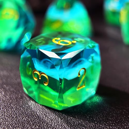 HAOMEJA Colorful Polyhedral Resin Dice Set, Hand-Cut Diamond Facet Optical Dice | Perfect for RPG, Tabletop & Board Games | Halloween, Christmas & Birthday Gift (Blue White Green) - color: 4 Blue White Green