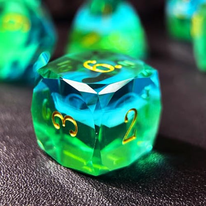 HAOMEJA Colorful Polyhedral Resin Dice Set, Hand-Cut Diamond Facet Optical Dice | Perfect for RPG, Tabletop & Board Games | Halloween, Christmas & Birthday Gift (Blue White Green) - color: 4 Blue White Green