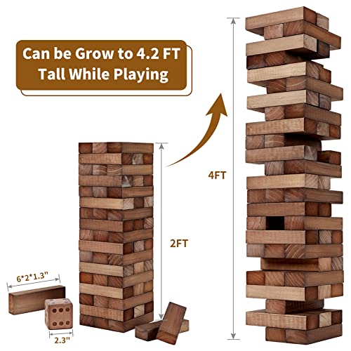 ApudArmis Giant Tumble Tower (Stack from 2Ft to Over 4.2Ft), 54 PCS Pine Wooden Stacking Timber Game with 1 Dice Set - Classic Block Giant Outdoor Game for Teens Adults Family(Brown) | Non-toxic New Zealand Pine Blocks, Crack-resistant, With dice and bag.