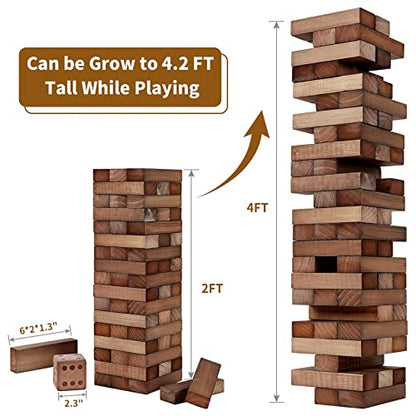 ApudArmis Giant Tumble Tower (Stack from 2Ft to Over 4.2Ft), 54 PCS Pine Wooden Stacking Timber Game with 1 Dice Set - Classic Block Giant Outdoor Game for Teens Adults Family(Brown) | Non-toxic New Zealand Pine Blocks, Crack-resistant, With dice and bag.