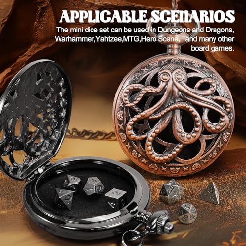 D&D Dice Set,7PCS Metal Dice for Dungeons and Dragons,Mini Dice Set with Pocket Watch Case,Role Playing Board Games Accessories (Octopus, Black) - color: Black, style: Octopus