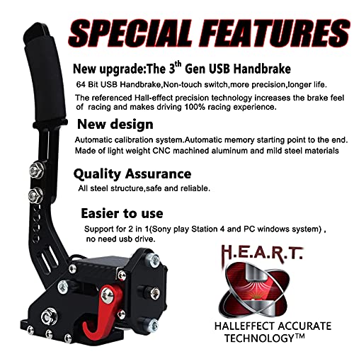 Obokidly Upgrade 2-in-1 USB Handbrake Support G29 Compatible with PS4/PS5 + PC for Simracing Game Sim Rig with Clamp (Black) - color: Black