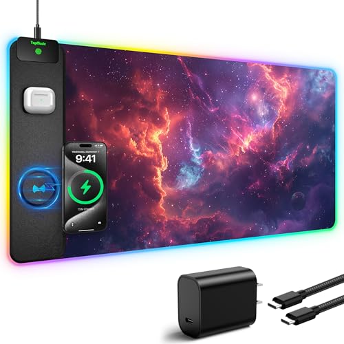 TopMade Wireless Charging Mouse Pad, RGB Gaming Mousepad Home Office Desk Pad, 31.5” x 15.8” Large Desk Mat, Waterproof Keyboard Pad, Red Nebula (Includes 20W PD Power Adapter & 6.56ft Woven Cable) - color: Upgraded Rgb - Red Nebula With Adapter
