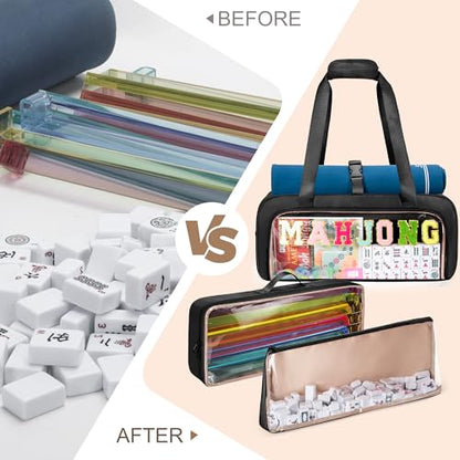 Yarwo 3 PCS Mahjong Bag Empty, Clear American Mahjong Tiles & Rack Bags Set | Zippered Game Storage with Mahjong Mat Strap and Sewn Chenille Letter for Mahjong Tiles, Racks & Pushers, Case Only, Black - color: Black