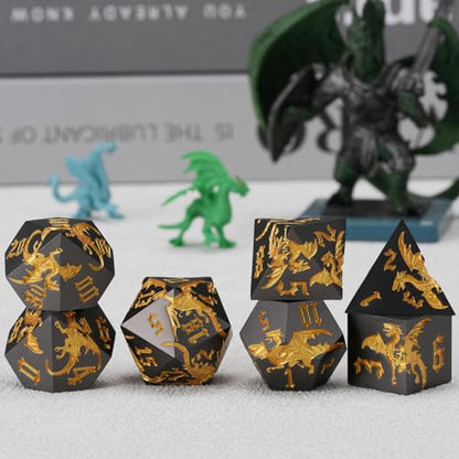 Metal D&D Dragon Dice Set,Metallic DND Polyhedral Dice for Dungeons and Dragons RPG TTRPG D&D 7-Die Set with Gift Case Dragon-Pearl Gun Gold - color: Dragon-pearl Gun Gold
