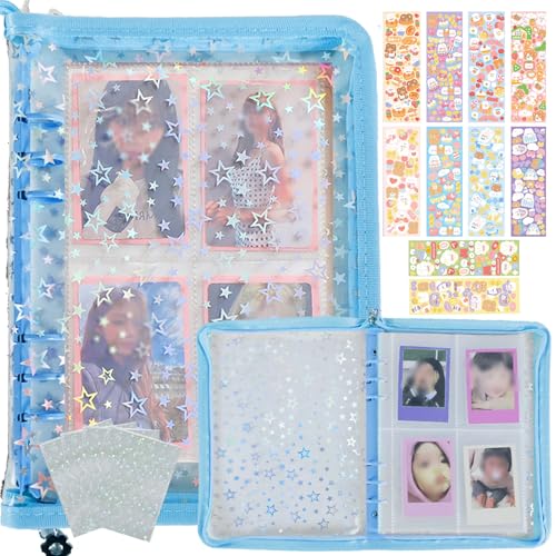 Kpop Photocard Binder with 6 Stickers Sheet & 50 Shinning Protective Sleeves Kpop Photocard Holder Book with Kpop Photocard, A5 Binder Photocard Album 30 Inner Pages with 240 Pockets (Skyblue) - color: Skyblue