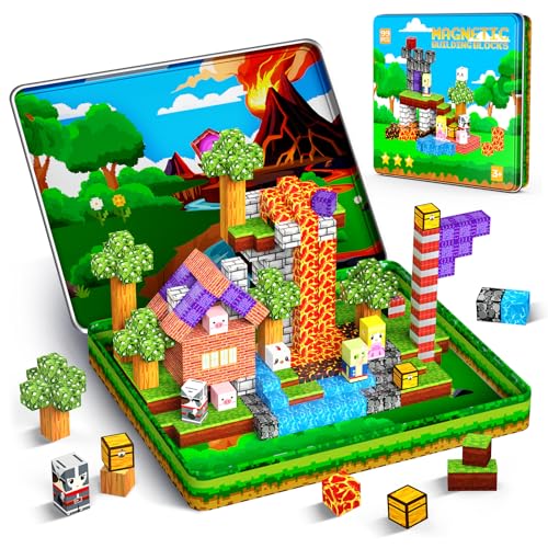 99PCS Magnetic Blocks Travel Toys, Magnet Building Blocks with Portable Metal Box, Mini Construction Travel Magnetic Tiles for Toddlers Boys Age 3-5 4-8 8-12, STEM Sensory Outdoor Travel Toys Gifts