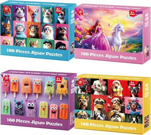 4-Pack 100 Piece Puzzles for Kids Ages 4-6 6-8 8-10 - Popsicles Unicorn Princess Cats Dogs Puzzle for Girls 4-6 Years Old 100 Piece Jigsaw Puzzle for Adults Toddler Children Learning Educational Toys - color: Popsicles Princess Cats Dogs