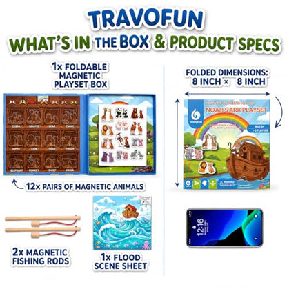 Travofun 4-in-1 Magnetic Travel Game, Travel Toys for Toddlers Ages 3-5 | 4-in-1 travel toy with magnetic fishing, animal matching, spelling, and story play in a colorful Noah's Ark picture scene. - style: Noah’s Ark Game
